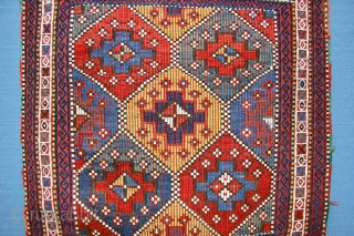 Azeri Verneh Khordjin, Circa 1875., size: 21"x37" "as displayed". This is a very good example of a well known type of Shahsavan Azeri bags. It has excellent dyes and the inclusion of  ...