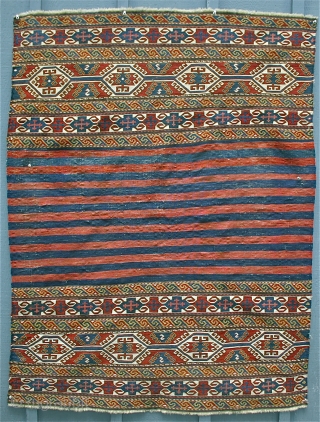 Shahsavan mafrash, 2 sides with connecting stripe panel, (one piece).  Circa 4th Qtr 19th c. 
Size; large double panel with connecting soumach kelim, 56" x  42".
One single end panel available  ...