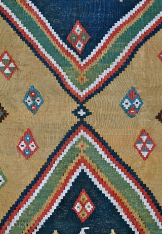  Kashkai Kelim / circa 1875 
 This kelim is in excellent condition, with only a few small re-weaves that are virtually undetectable. Original ends, sides have intermittent re-weaves to green border.
.  ...