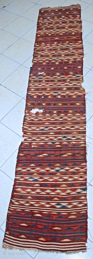 Antique Turkmen Kelim, 4th Qtr 19th c.
seem to be made by ERSARI  Turkmen groups living in Tajikistan and Afghanistan 
2 large holes and numerous small rips and tears
Size is original /  ...