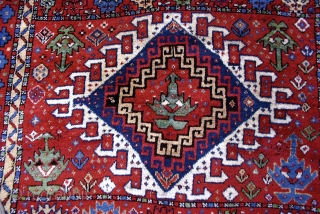 Antique Kuchan Kurd, circa 1875. This rug has wonderful saturated color and long silky shiny wool. The drawing is free and dynamic showing a great sense of freedom and imagination. The wefts  ...