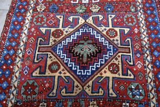 Antique Kuchan Kurd, circa 1875. This rug has wonderful saturated color and long silky shiny wool. The drawing is free and dynamic showing a great sense of freedom and imagination. The wefts  ...
