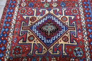 Antique Kuchan Kurd, circa 1875. This rug has wonderful saturated color and long silky shiny wool. The drawing is free and dynamic showing a great sense of freedom and imagination. The wefts  ...