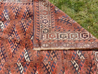 Small Yomud main carpet. Possibly a wedding rug.   Field is full of dyrnak gulls. White, rust, blues and browns compete in this excellent example of Turkoman art. Measures 3ft 6in  ...