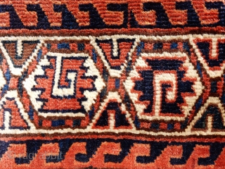 Small Yomud main carpet. Possibly a wedding rug.   Field is full of dyrnak gulls. White, rust, blues and browns compete in this excellent example of Turkoman art. Measures 3ft 6in  ...