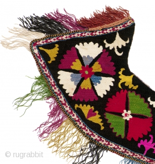 Saddle Pad Skirt. Uzbekistan, 2nd quarter 20th century(?). 12" x 44". Good condition; some fringe missing; some areas of red wool damage. Silk and wool embroidery on cotton foundation; silk fringe; unlined.  ...