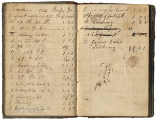 Book. Very old American ledger notebook. 1842 to 1844. 6" x 4"; grey handmade paper over thick cardboard; leather binding. 47 pages of entries. Well-worn, but still sound; binding tight. Probably from  ...