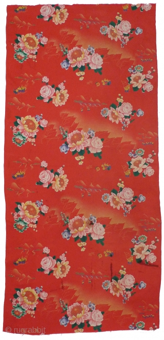 Chinese Cultural Revolution length of cloth. c.1969. Propaganda pattern with vignettes of people marching with flags amid large flowers and lots of waving red flags. 73" x 30.5" silk-screened cotton. Stains (as  ...