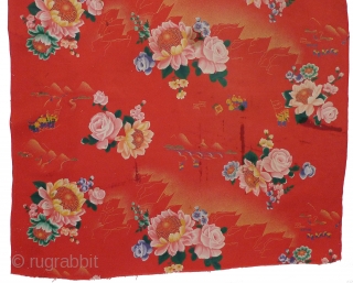 Chinese Cultural Revolution length of cloth. c.1969. Propaganda pattern with vignettes of people marching with flags amid large flowers and lots of waving red flags. 73" x 30.5" silk-screened cotton. Stains (as  ...