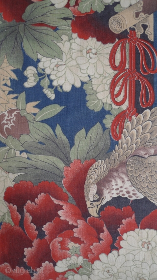 Japanese Printed Fabric. Powerful pattern of eagles perched upon sword cases surrounded by full-blown peonies, chrysanthemums, and maple leaves. Most likely produced in the decade leading up to World War Two. Roller-printed  ...