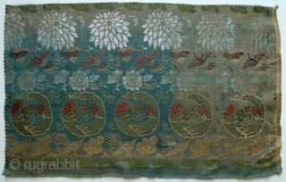 Vintage Japanese Silk Brocades. 1. Partial obi with small pattern of dragons, pine boughs and flowers (see detail photo), 121" x 9.5", (one finished end, fabric in excellent condition); 2. Bird in  ...