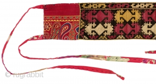 Uzbek (Lakai?) Headband. Uzbekistan, early 20th century. Fine silk cross stitch embroidery; backed with early 20th century Russian printed cotton. 21" x 3.5" (14" embroidery only). Fair condition - some embroidery abrasion;  ...