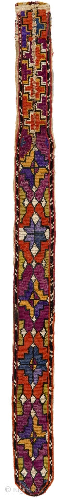 Uzbek Collar Trim. Uzbekistan, first half 20th century. 8.5" x 4". Silk half-cross-stitch embroidery with chain stitch border. Adras ikat backing.Embroidery in good condition; ikat worn.       