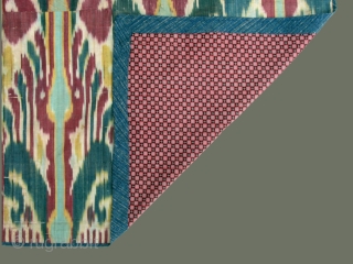 Silk ikat wallhanging comprising four panels; 69" x 40"; probably 19thc. with natural dyes and numerous colors. Very similar to fig.113, p.98 of Harvey's Traditional Textiles of Central Asia. This is one  ...