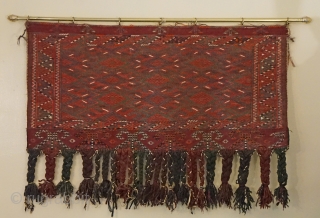 Antique Turkomen matching pair of Yomud tribal Sumak weave tent bags (aka chuval)...
beautiful condition...out of my private collection
measures 33 inches x 17 inches (not including fringe)

       