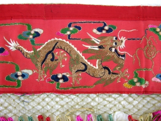 M113 Mongolian Altar cloth.   I acquired this textile in my early travels through China. Utilizing all couching embroidery technique on red wool fabric, it depicts 2 golden dragons chasing the  ...