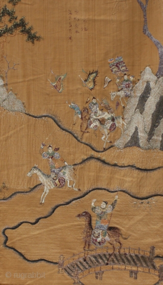 TC375  This antique Chinese silk textile wall hanging is embroidered with mounted soldiers carrying banners across a mountainous terrain. Silk background fabric with a wide silk border, the tapestry is approx  ...