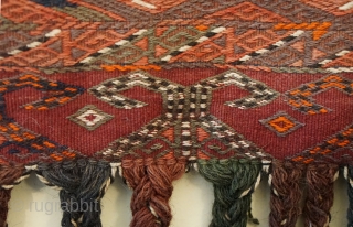 this matching pair of Turkomen Yomud tent bags, aka chuval, are out of my private collection...beautiful condition Sumak weave on bag faces plain woven canvas backs 39 x 17 inches (not including  ...