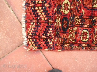 Tekke Turkmen Bride's rug. Very fine weave.
Worn edges. Labels on back lettering went away when we washed it.
2' 9" x 2' 10"
350 USD + shipping  SOLD
      