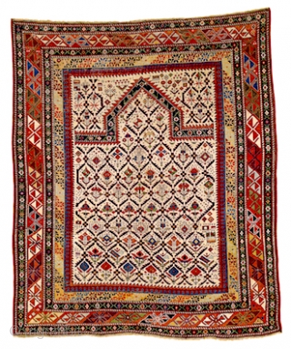 Shirvan Prayer rug intact 2nd quarter 19th C
Untouched image. Restored in 2011 in Sultanhani
and exhibited at Rippon Boswell Wiensbruch in 2014.
The colours are wonderful against the ivory ground.
Rare additional wide border gives  ...