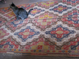 130-140 year old wool Cicim on Camel Hair Kilim Rug from Central Anatolia. 
2 panels 10 ft x 8 ft wd. Unusual and intense piece. Stable colours with one exception.
Was repaired here  ...