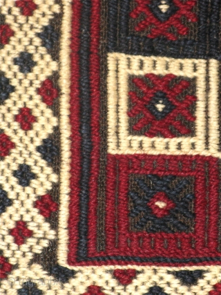 Bergama Heybe 1st half 20th C 
Classic Bergama in dowery trunk condition.
Minor mended holes on the back. Ground is black goat hair,
the embroidery is hand spun dark red and white wool.
Typical Bergama  ...