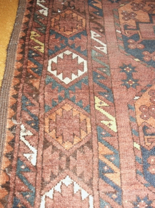    Ersari Main  carpet  19 th. century  200 X 234  cm.
   Great  drawing , good use of yellow , large kelim at both  ...