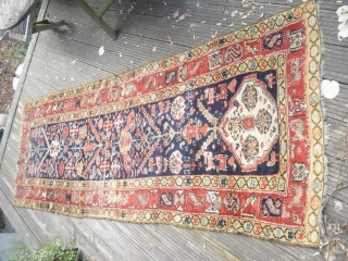 19c Northwest Persian Runner - kurdish - with old restorations and repiling - but great colours and soft wool - restorable - very elegant (Size: 290cm x 96cm)-would benefit from a wash 