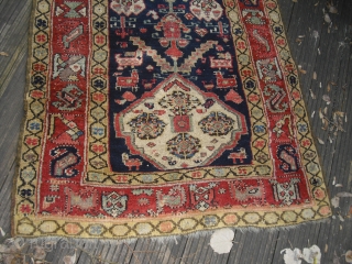 19c Northwest Persian Runner - kurdish - with old restorations and repiling - but great colours and soft wool - restorable - very elegant (Size: 290cm x 96cm)-would benefit from a wash 