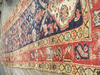 19c Northwest Persian Runner - kurdish - with old restorations and repiling - but great colours and soft wool - restorable - very elegant (Size: 290cm x 96cm)-would benefit from a wash 