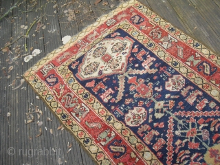 19c Northwest Persian Runner - kurdish - with old restorations and repiling - but great colours and soft wool - restorable - very elegant (Size: 290cm x 96cm)-would benefit from a wash 