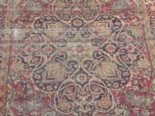 Kirman Ravar + Antique + around 1870 + great old natural colours + very worn but still elegant + washed + Size: ca 110 x 180 cm + soft and shiny wool 