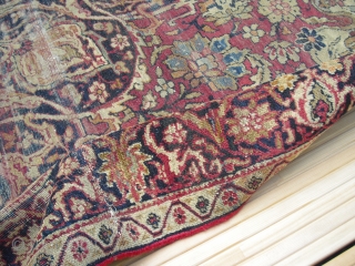Kirman Ravar + Antique + around 1870 + great old natural colours + very worn but still elegant + washed + Size: ca 110 x 180 cm + soft and shiny wool 