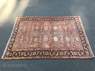 Old decorative - Maybe turkish rug - with worn places and restorations. 
Size: 190 x 140 cm
Who has an idea About the provenience and the approx age of this piece?
   