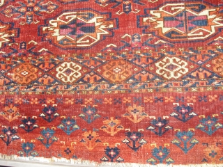 Antique Turkmen Chuval - maybe Tekke? - great range of natural colours - glossy wool - good drawing - IV Qu of 19th century - professional washed recently - with damage and  ...