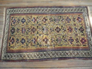 Antique gold yello ground Daghestan or Kuba rug Fragment - rare piece - several old restaurations + rewoven parts - around 2nd half of 19th century - shipping worldwide possible   