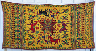 Antique Kantha Cross-stitch wool embroidery, 5'5 x 8'4, made in West Bengal,India, 19th century. Beautiful, saturated colors with classic Kantha radial field design of multi-colored horses, peacocks and small birds flanking trees  ...