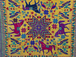 Antique Kantha Cross-stitch wool embroidery, 5'5 x 8'4, made in West Bengal,India, 19th century. Beautiful, saturated colors with classic Kantha radial field design of multi-colored horses, peacocks and small birds flanking trees  ...