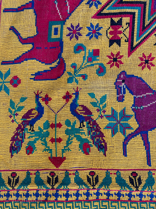 Antique Kantha Cross-stitch wool embroidery, 5'5 x 8'4, made in West Bengal,India, 19th century. Beautiful, saturated colors with classic Kantha radial field design of multi-colored horses, peacocks and small birds flanking trees  ...