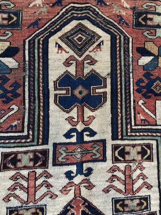 Antique South Caucasian rug, 4' x 6'7, Karabagh region, mid nineteenth century. All wool foundation. Although the rug has a variation of 'Fachralo' or 'Sevan' Kazak medallion design, the black wool wefting  ...