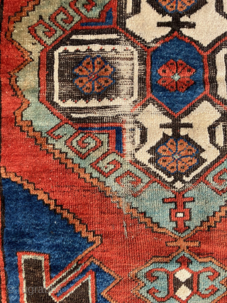 Antique Central Anatolian rug,3'8 x 4'10, Karapinar region, 1850-1875.  All wool foundation, ivory wool warps with mixture of ivory and dark brown wefts. Scattered areas of wear (see photos), but with  ...