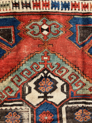 Antique Central Anatolian rug,3'8 x 4'10, Karapinar region, 1850-1875.  All wool foundation, ivory wool warps with mixture of ivory and dark brown wefts. Scattered areas of wear (see photos), but with  ...