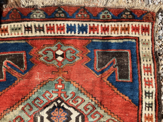 Antique Central Anatolian rug,3'8 x 4'10, Karapinar region, 1850-1875.  All wool foundation, ivory wool warps with mixture of ivory and dark brown wefts. Scattered areas of wear (see photos), but with  ...