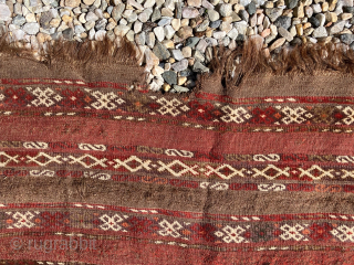 Antique Chodor Turkmen carpet, 5'7 x 10'1, 1850-1880. Wool goat hair warps and white cotton wefts typical of Chodor weavings. Thick, velvety pile in saturated deep burgundy red, purple, and soft, khaki  ...