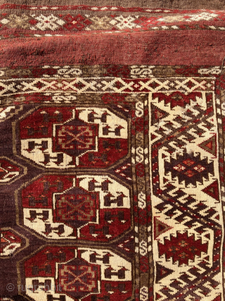Antique Chodor Turkmen carpet, 5'7 x 10'1, 1850-1880. Wool goat hair warps and white cotton wefts typical of Chodor weavings. Thick, velvety pile in saturated deep burgundy red, purple, and soft, khaki  ...