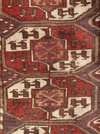 Antique Chodor Turkmen carpet, 5'7 x 10'1, 1850-1880. Wool goat hair warps and white cotton wefts typical of Chodor weavings. Thick, velvety pile in saturated deep burgundy red, purple, and soft, khaki  ...