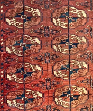 Antique Tekke Turkmen main carpet, 5'11 x 7'7, early nineteenth century, as indicated by the size and various other features -  simple border system of early type with only a barber  ...