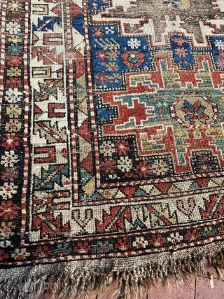 Antique East Caucasian Dagestan rug with Lesghi star design, 3'4 x 4'8. Low even pile with some areas a wear and corrosion of black in the central star and adjacent borders. Natural  ...