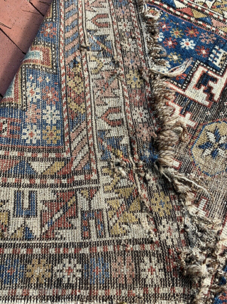 Antique East Caucasian Dagestan rug with Lesghi star design, 3'4 x 4'8. Low even pile with some areas a wear and corrosion of black in the central star and adjacent borders. Natural  ...