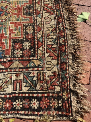 Antique East Caucasian Dagestan rug with Lesghi star design, 3'4 x 4'8. Low even pile with some areas a wear and corrosion of black in the central star and adjacent borders. Natural  ...